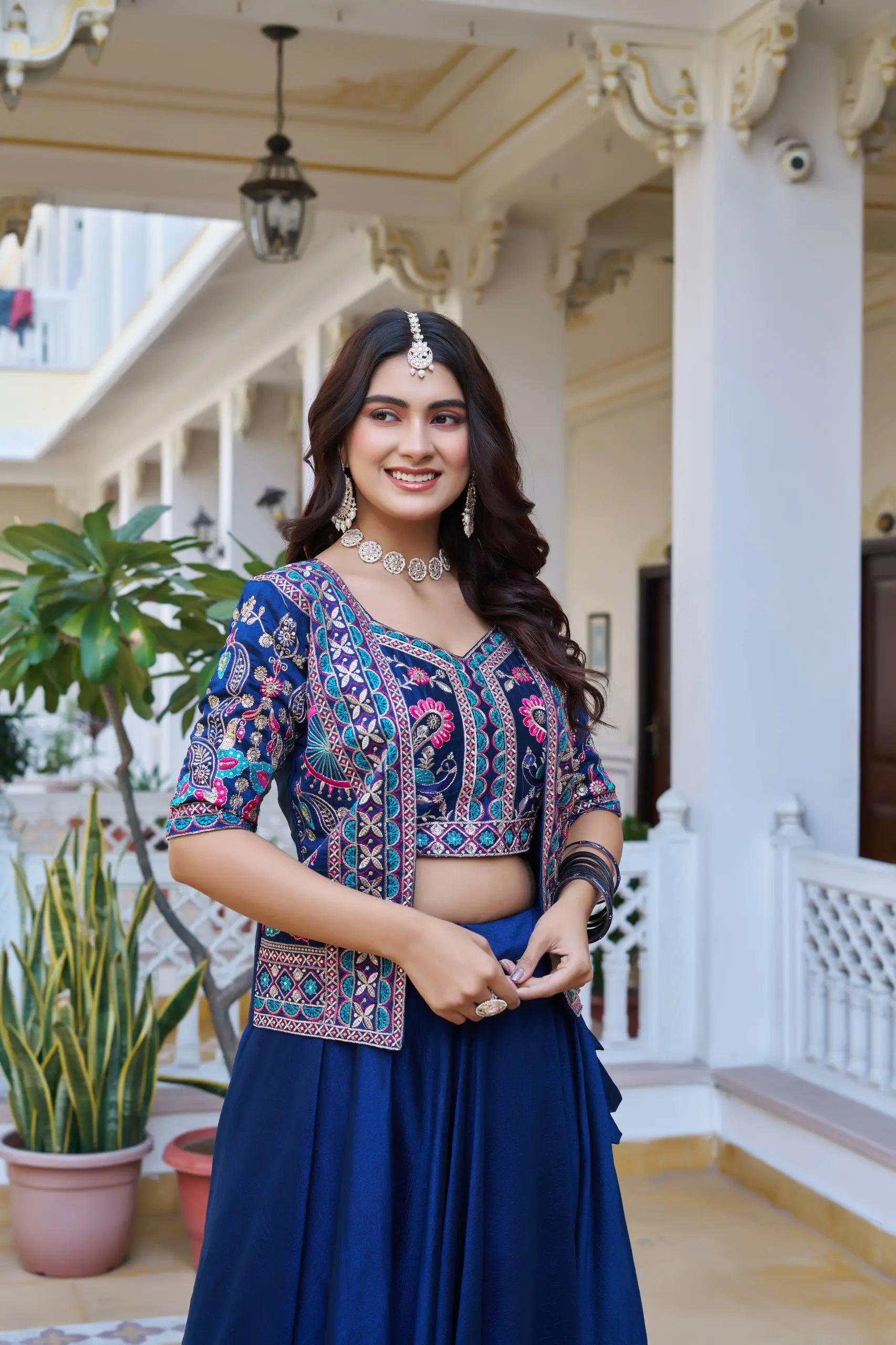 Pure Vichitra Lehenga Choli with Koti for Women | Heavy Embroidery Festival Wear | 8.5 Meter Flair Bridal Lehenga | Fully Stitched Koti Set RE