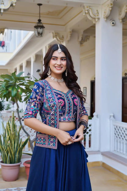 Pure Vichitra Lehenga Choli with Koti for Women | Heavy Embroidery Festival Wear | 8.5 Meter Flair Bridal Lehenga | Fully Stitched Koti Set RE