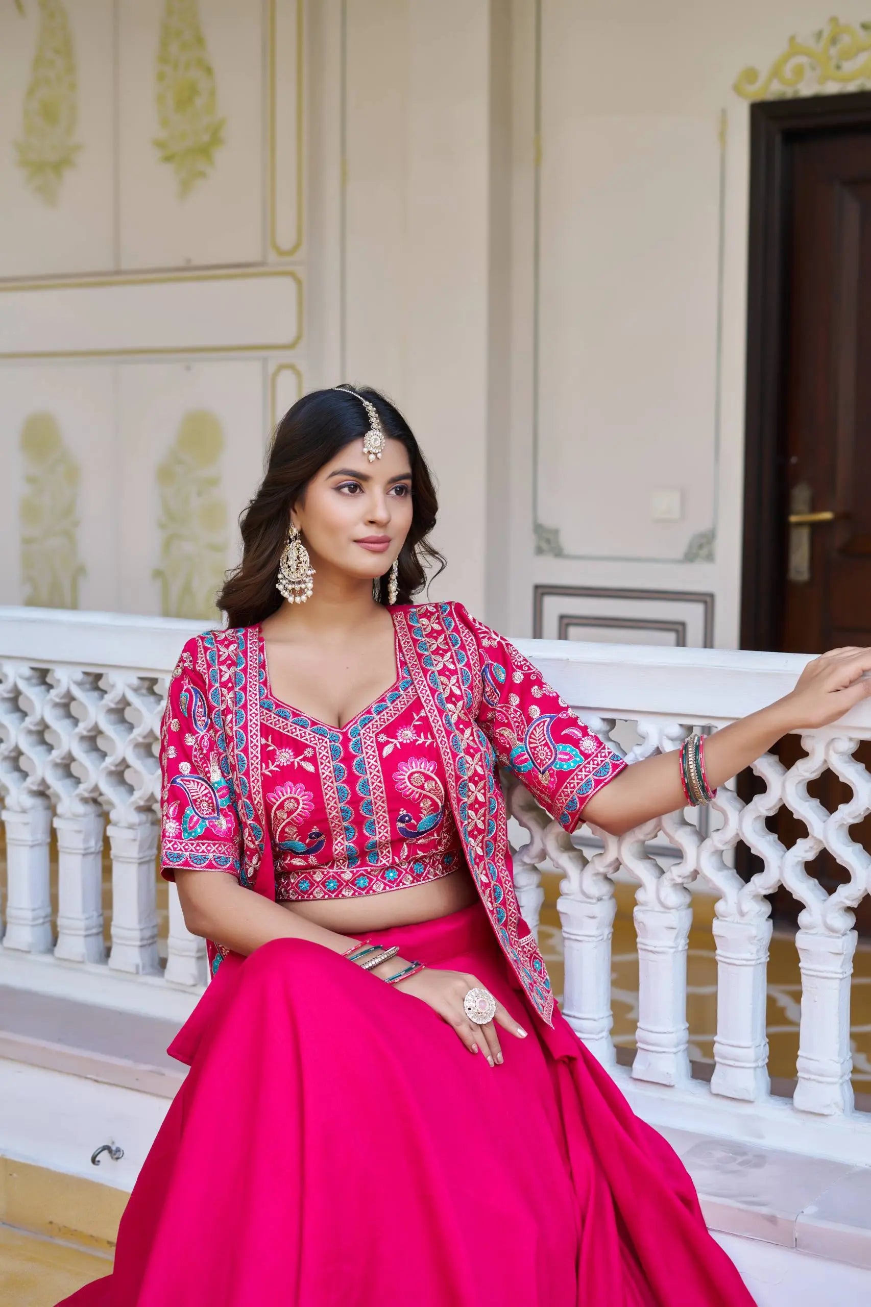 Pure Vichitra Lehenga Choli with Koti for Women | Heavy Embroidery Festival Wear | 8.5 Meter Flair Bridal Lehenga | Fully Stitched Koti Set RE