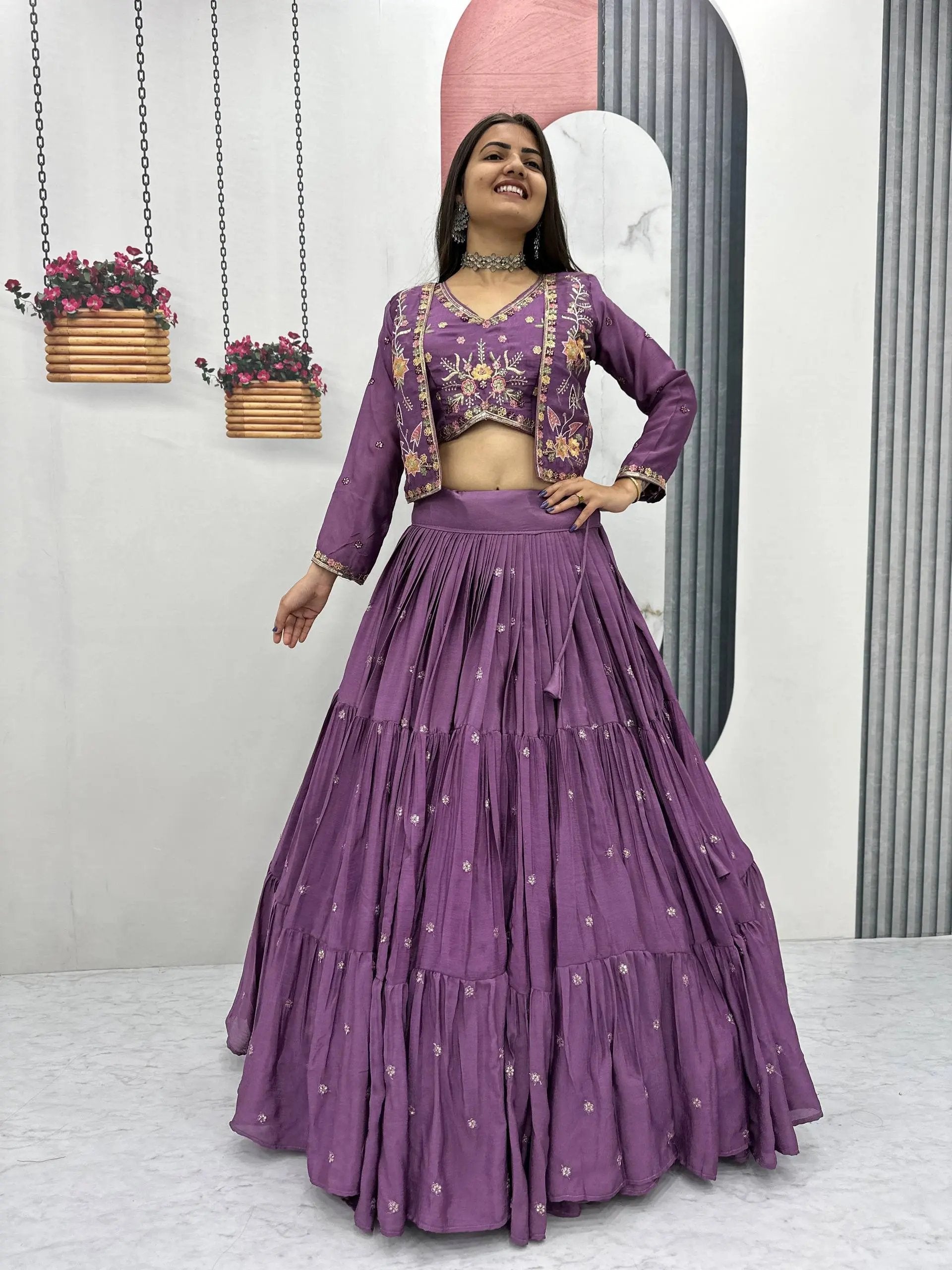 Elegant Yellow Purple embroidered Lehenga Choli for Indian Festival RE