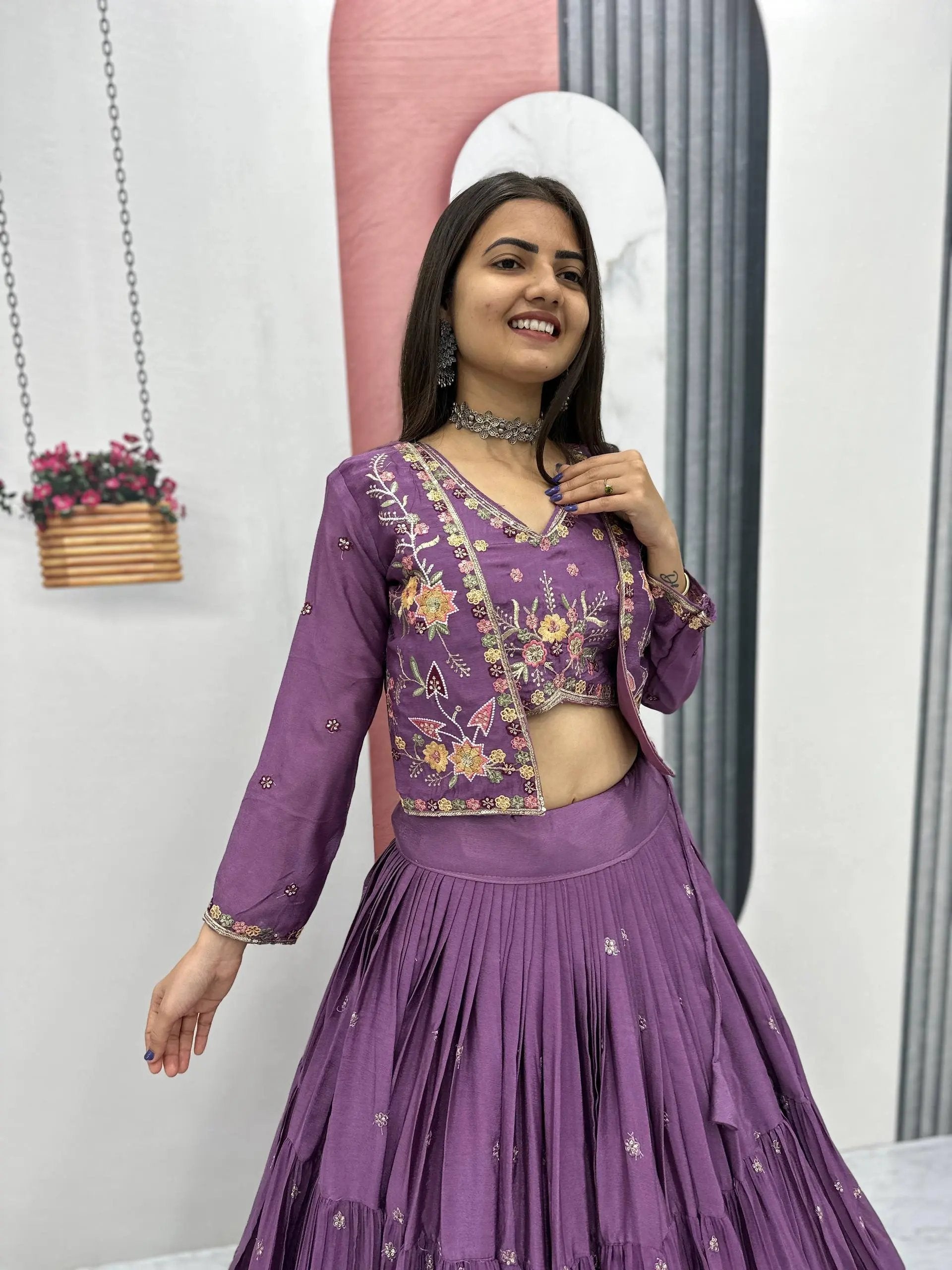 Elegant Yellow Purple embroidered Lehenga Choli for Indian Festival RE