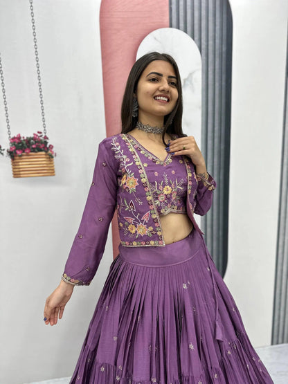 Elegant Yellow Purple embroidered Lehenga Choli for Indian Festival RE