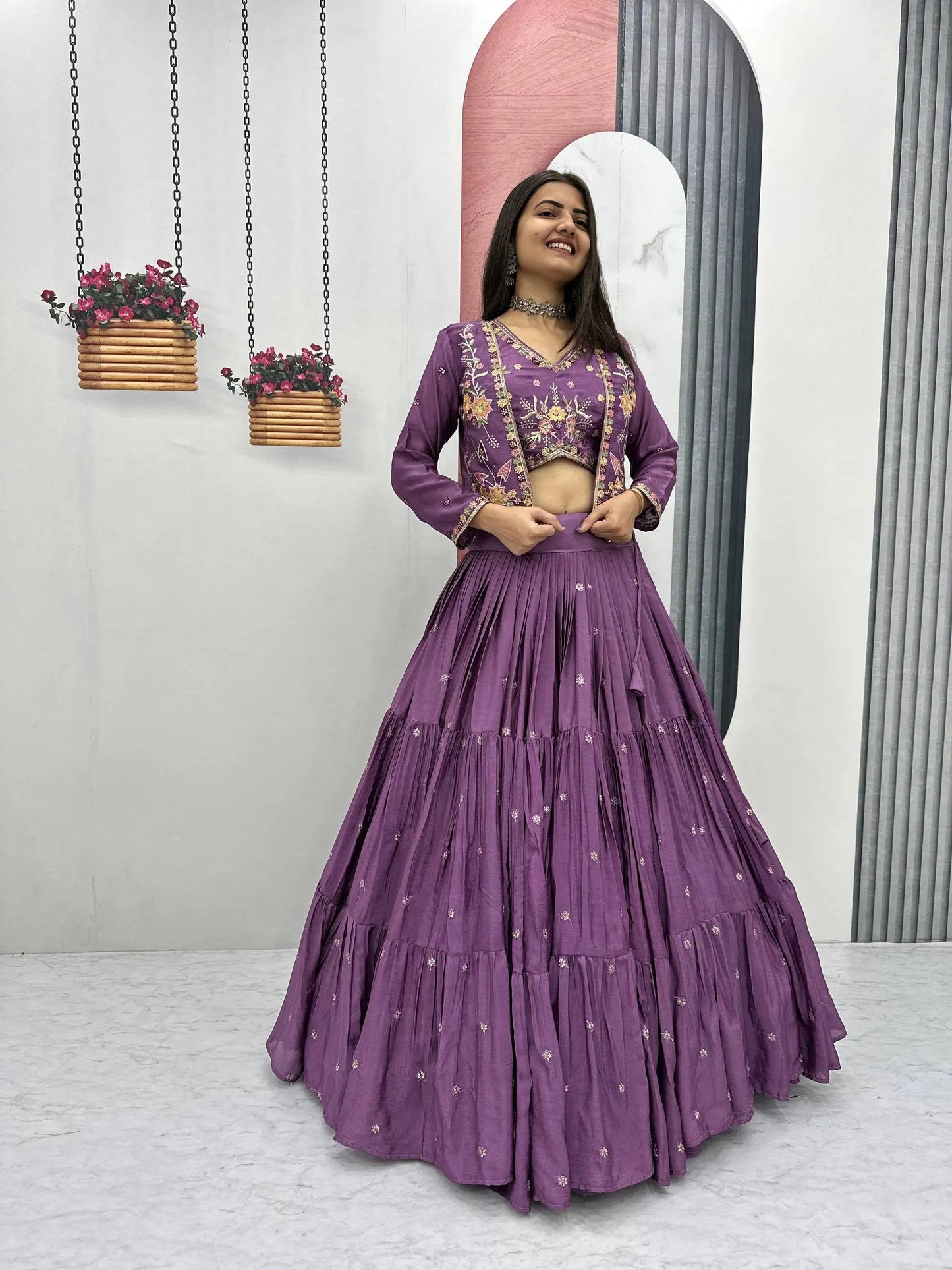Elegant Yellow Purple embroidered Lehenga Choli for Indian Festival RE