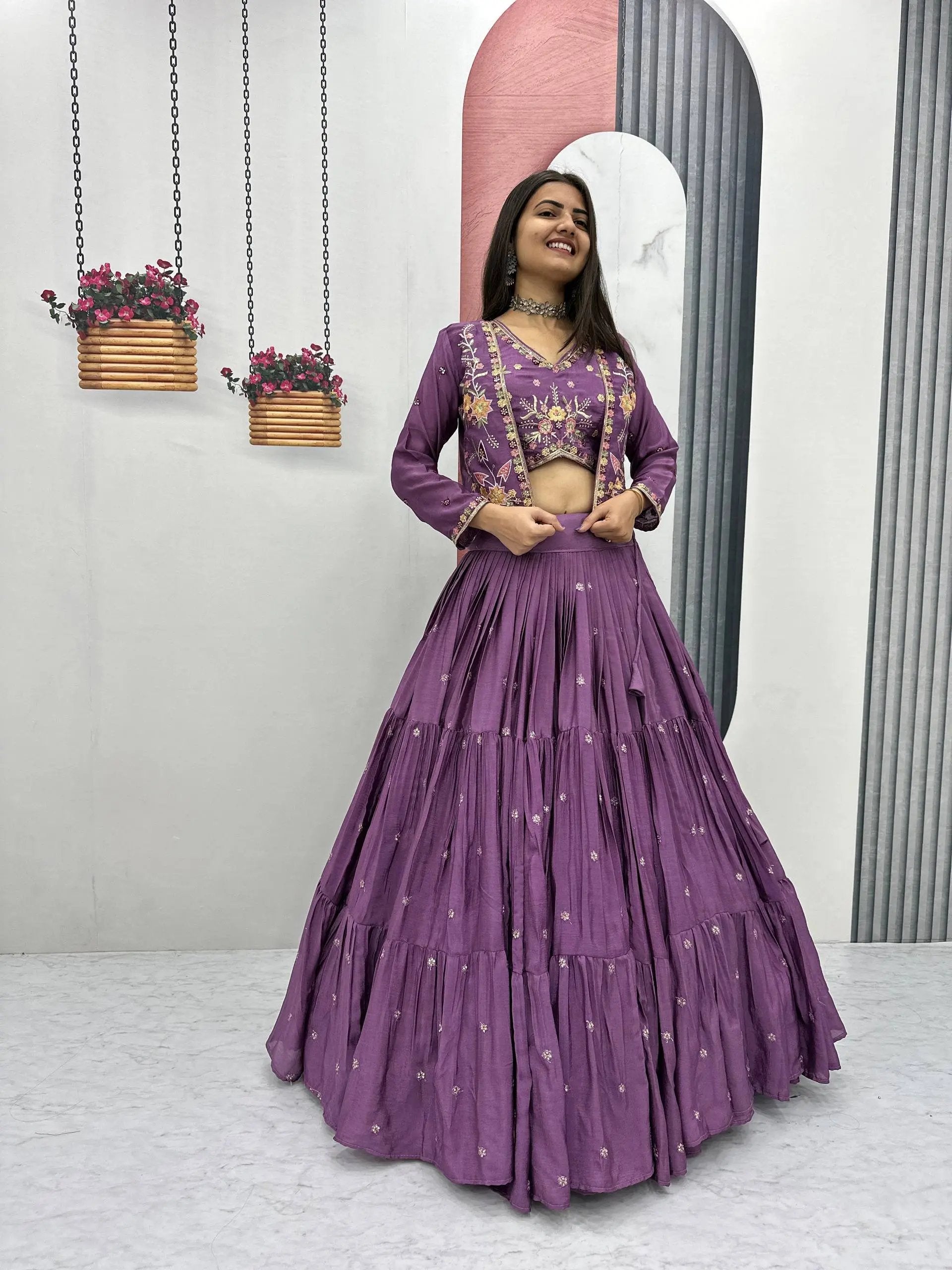 Elegant Yellow Purple embroidered Lehenga Choli for Indian Festival RE