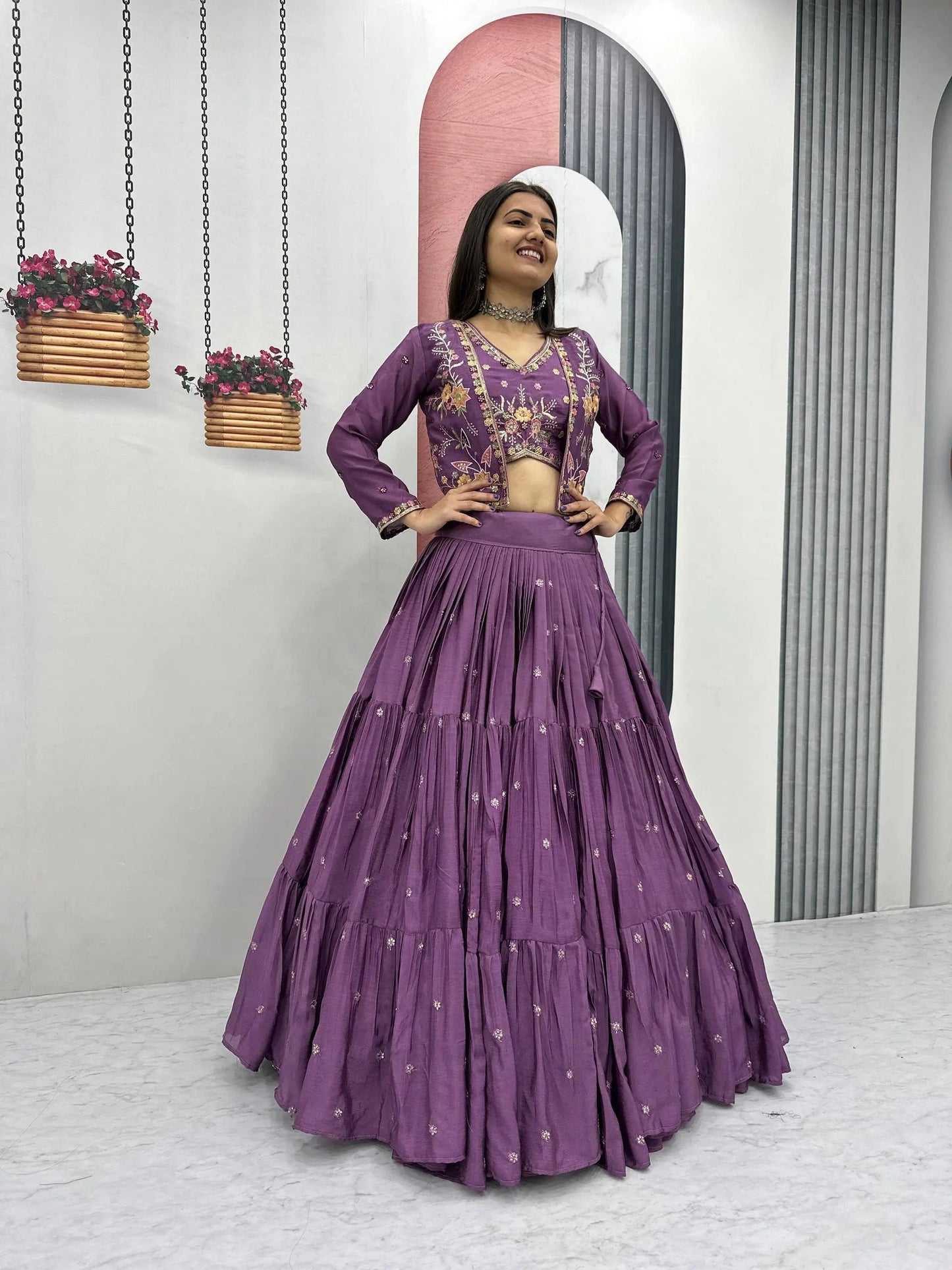 Elegant Yellow Purple embroidered Lehenga Choli for Indian Festival RE