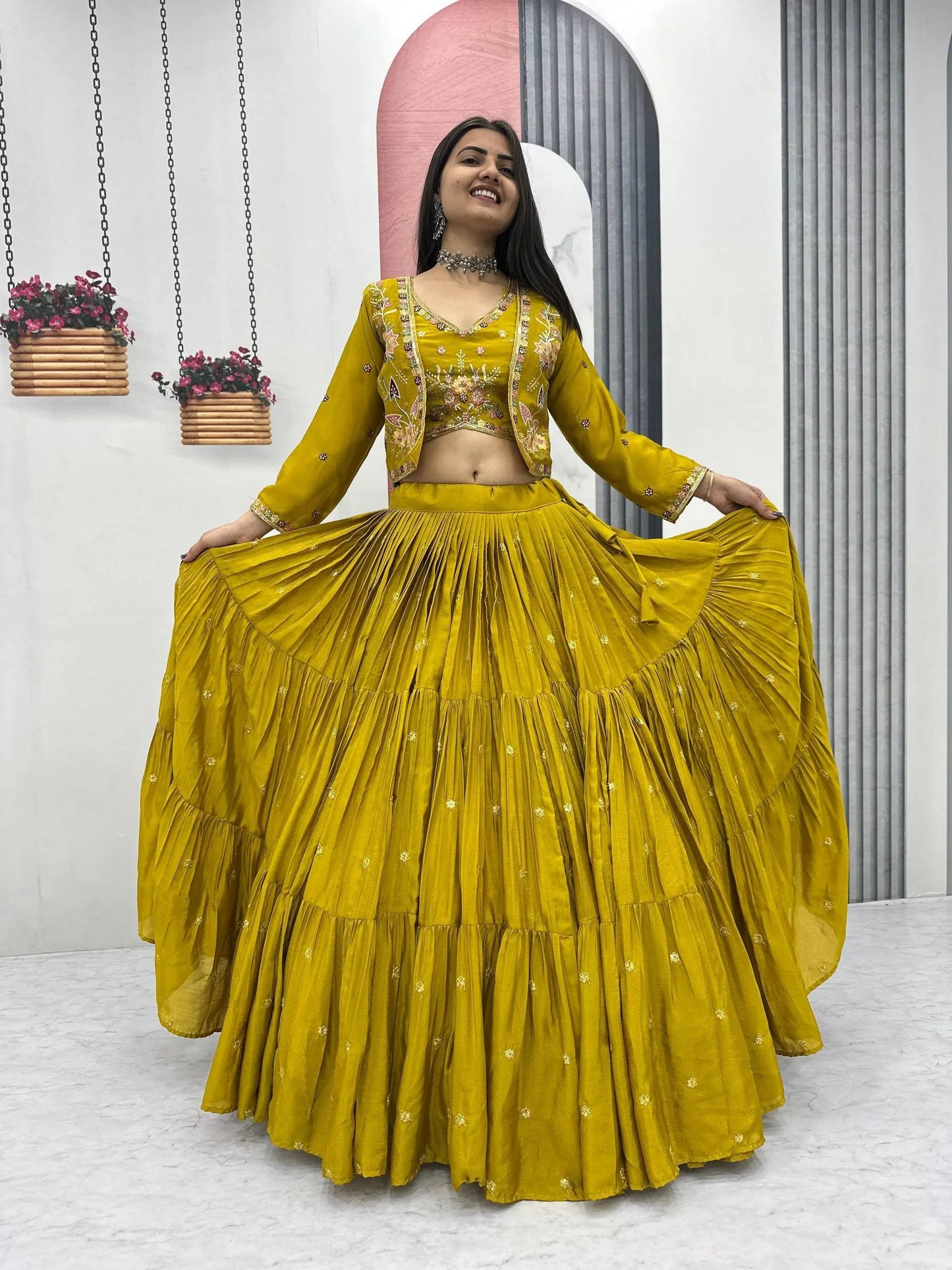 Elegant Yellow Purple embroidered Lehenga Choli for Indian Festival RE