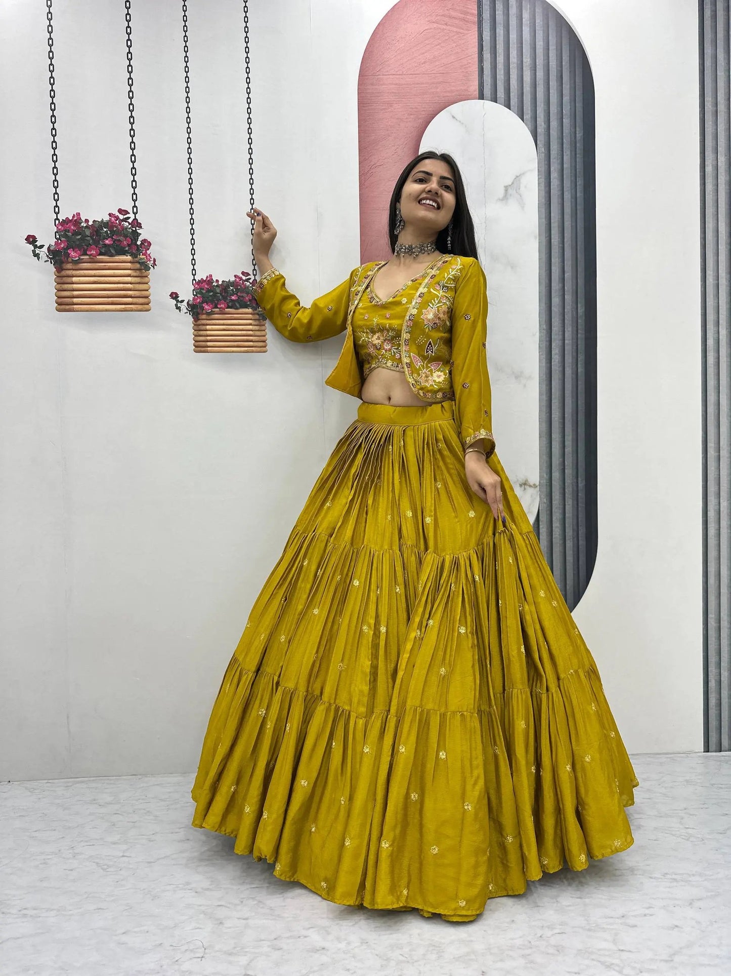 Elegant Yellow Purple embroidered Lehenga Choli for Indian Festival RE