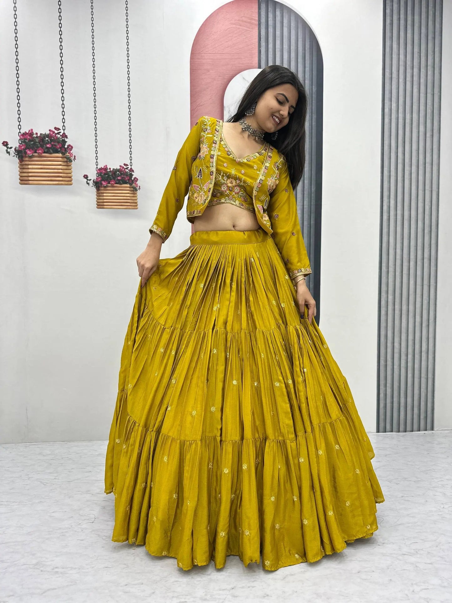 Elegant Yellow Purple embroidered Lehenga Choli for Indian Festival RE