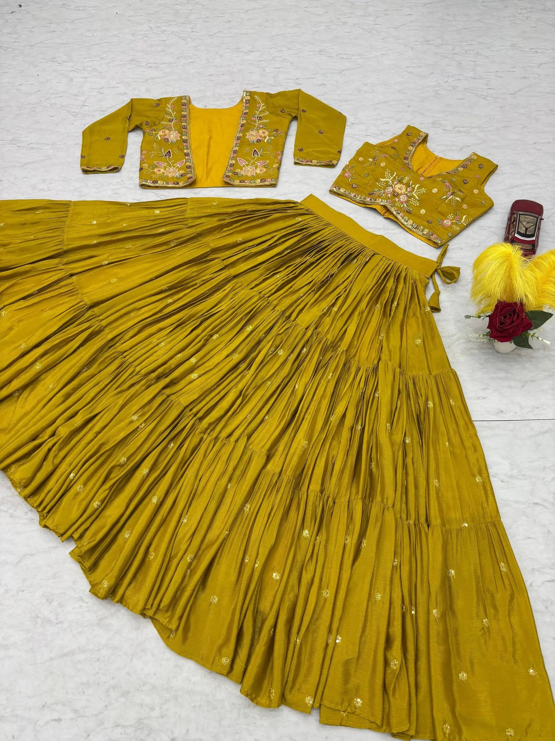 Elegant Yellow Purple embroidered Lehenga Choli for Indian Festival RE