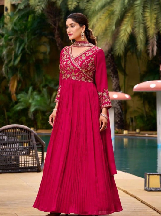 Pink Georgette Anarkali Gown with Pant and Dupatta Designer Embroidery Work for Celebrations RE