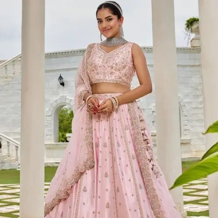 Pink Silk Bridal Lehenga Choli with Sequins and Thread Embroidery Luxury Look at Best Price RE