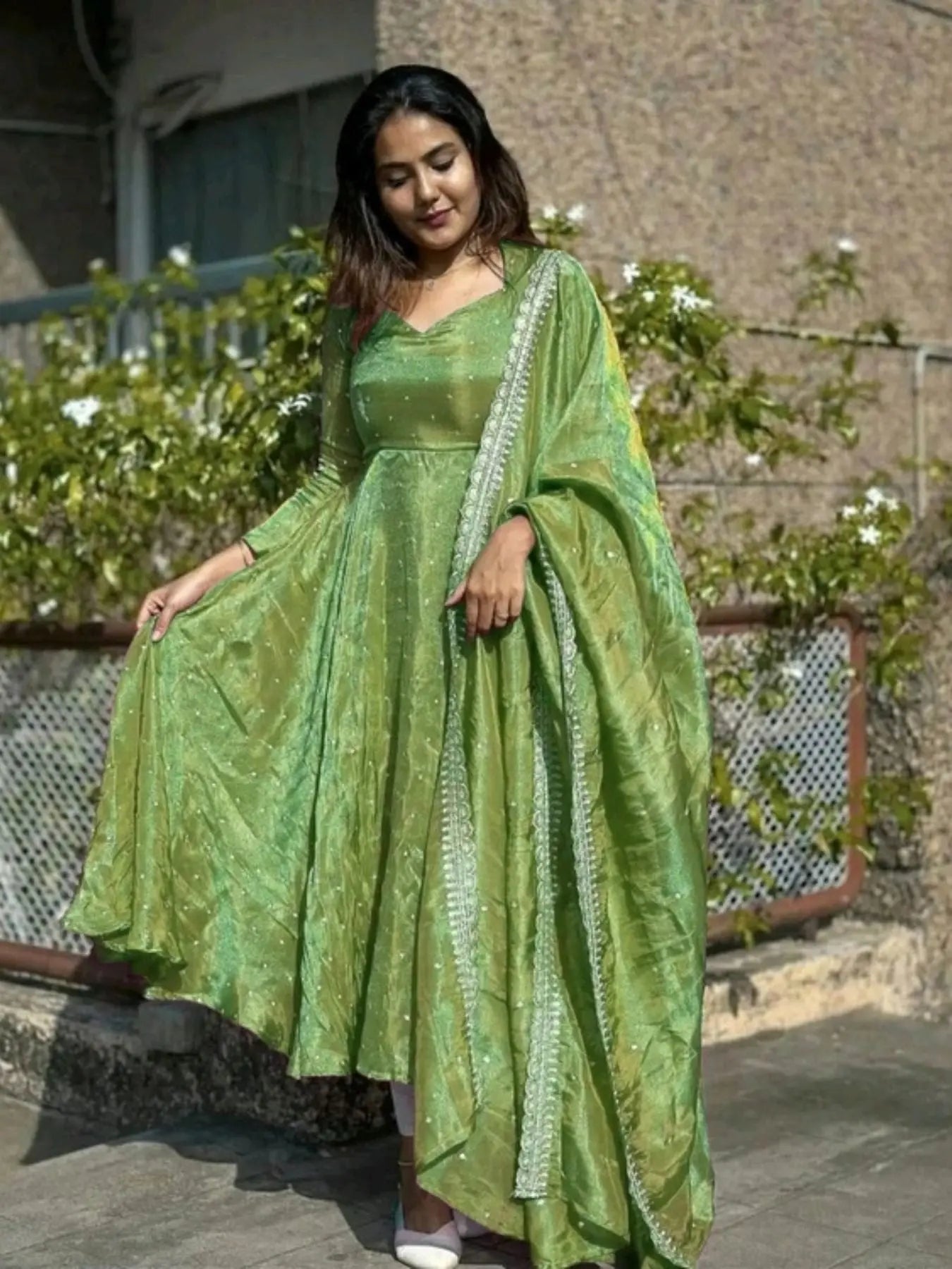 Elegant Orange Twil Net Anarkali with Dupatta Festive Wear Gown Set Attractive Sister