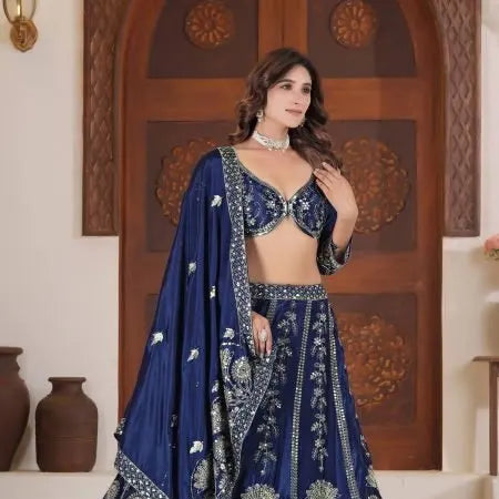 Precious Blue Sequins Chinon Engagement Wear Lehenga Choli With Dupatta RE