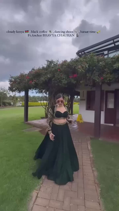 Green Velvet Bridal/Party Lehenga | Heavy Embroidery | Semi-Stitch | Size Up to 44