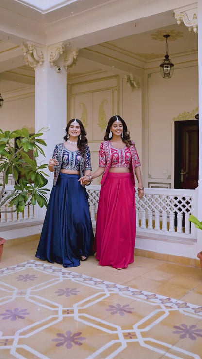 Pure Vichitra Lehenga Choli with Koti for Women | Heavy Embroidery Festival Wear | 8.5 Meter Flair Bridal Lehenga | Fully Stitched Koti Set