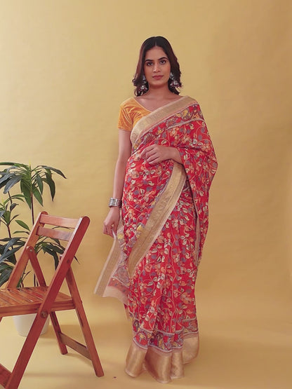 Designer Jacquard Patta Linen Cotton Saree with Floral Digital Print & Zari Border – Festive Ethnic Wear