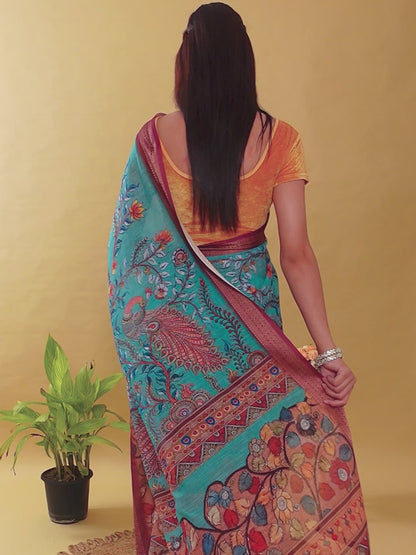 Designer Jacquard Patta Linen Cotton Saree with Floral Digital Print & Zari Border – Festive Ethnic Wear