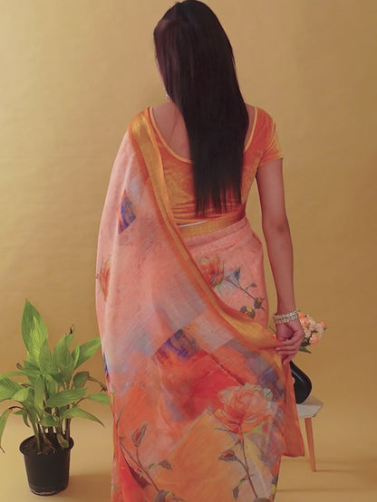 Designer Jacquard Patta Linen Cotton Saree with Floral Digital Print & Zari Border – Festive Ethnic Wear