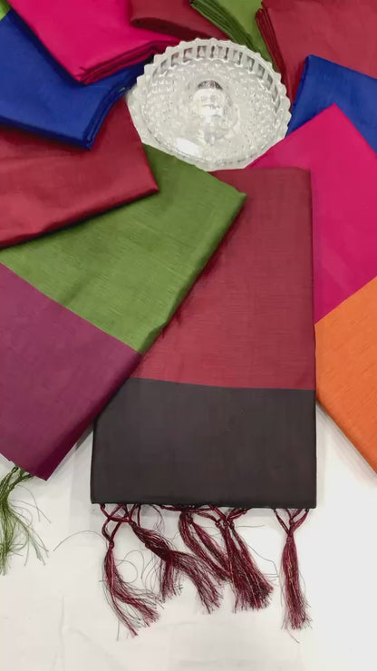 Women’s Pure Cotton Saree with Contrast Border & Blouse Piece – Lightweight Handloom Ethnic Wear for Festive & Daily Use