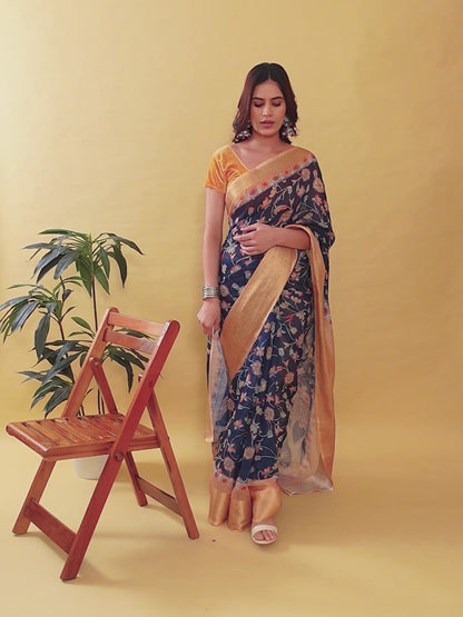 Designer Jacquard Patta Linen Cotton Saree with Floral Digital Print & Zari Border – Festive Ethnic Wear