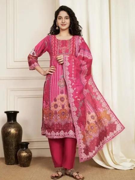 Printed Pure Soft Muslin Pakistani Pink Suit With Dori Embroidery Mirror Work RE