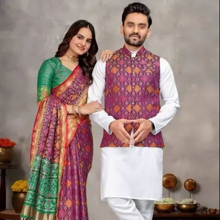 Couple Combo of Mens Kurta Pajama with Koti and Womens Jacquard Silk Saree Ideal for Dealers RE