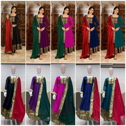 Vichitra Silk Embroidered Kurti Set with Jacquard Lace Dupatta for Weddings/Silk Long Sleeve Kurti /At Low Price/Festive Wear/ RE