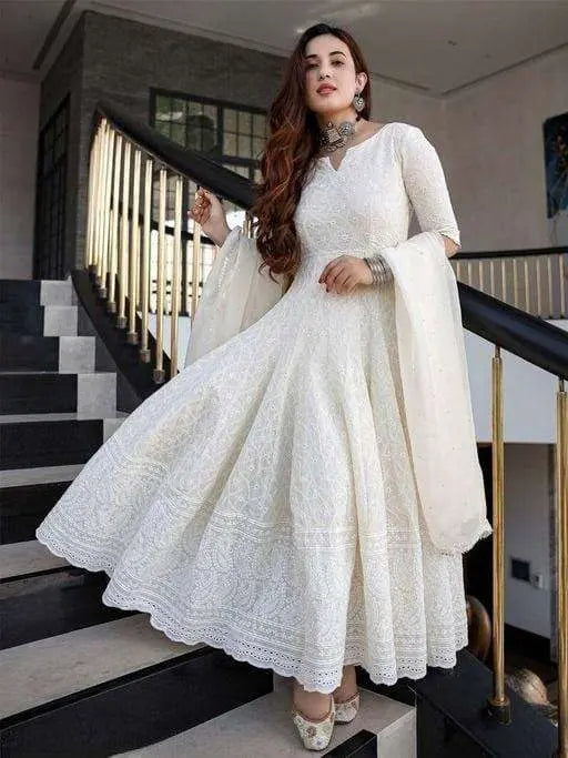Women's & Girl's Pure White Cotton Anarkali Chikankari Long Kurti Gown Size -M BazaarBag