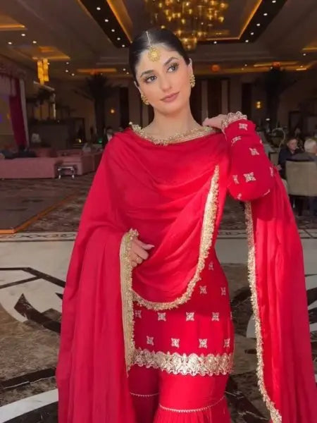 Radiant Red Faux Georgette Sharara Suit with Lace Dupatta for Diwali Party Collection RE
