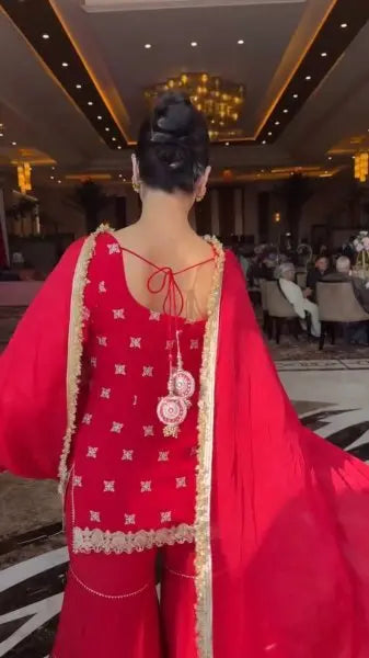 Radiant Red Faux Georgette Sharara Suit with Lace Dupatta for Diwali Party Collection RE