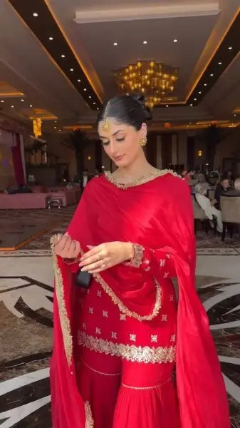 Radiant Red Faux Georgette Sharara Suit with Lace Dupatta for Diwali Party Collection RE