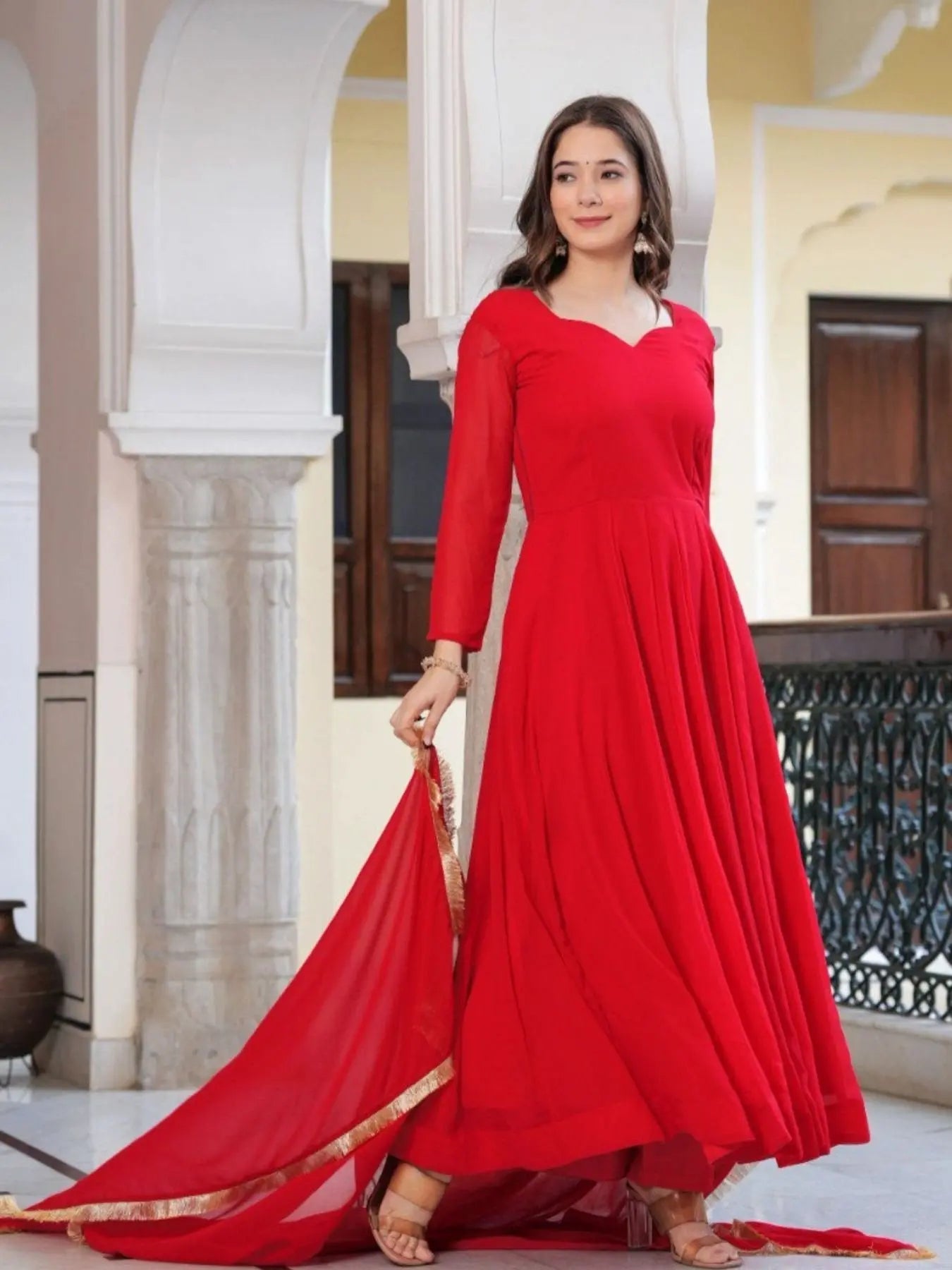 Radiant Red Georgette Anarkali Set with Lace Dupatta & Pant Ready to Wear RE