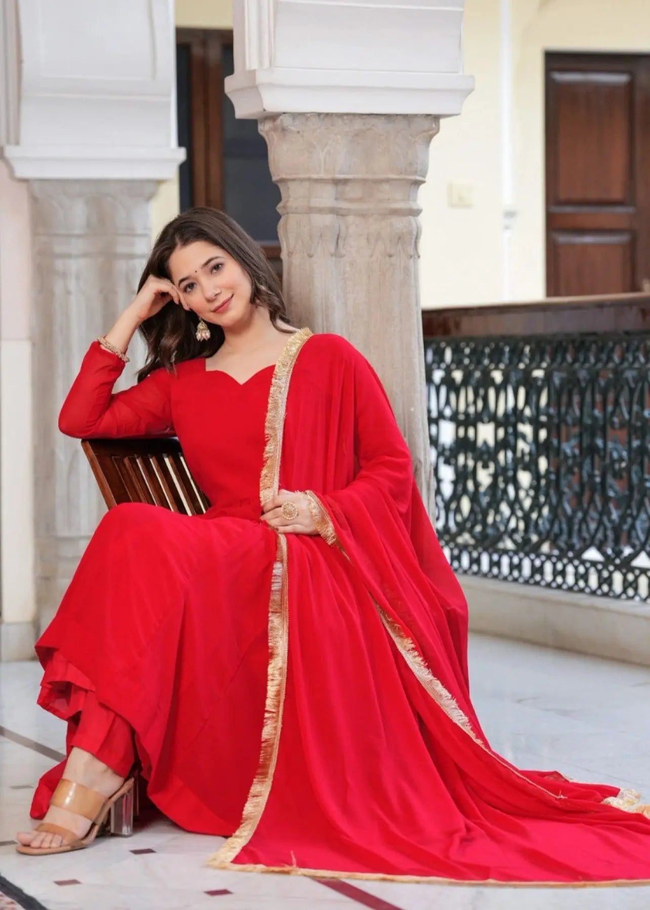 Radiant Red Georgette Anarkali Set with Lace Dupatta & Pant Ready to Wear RE