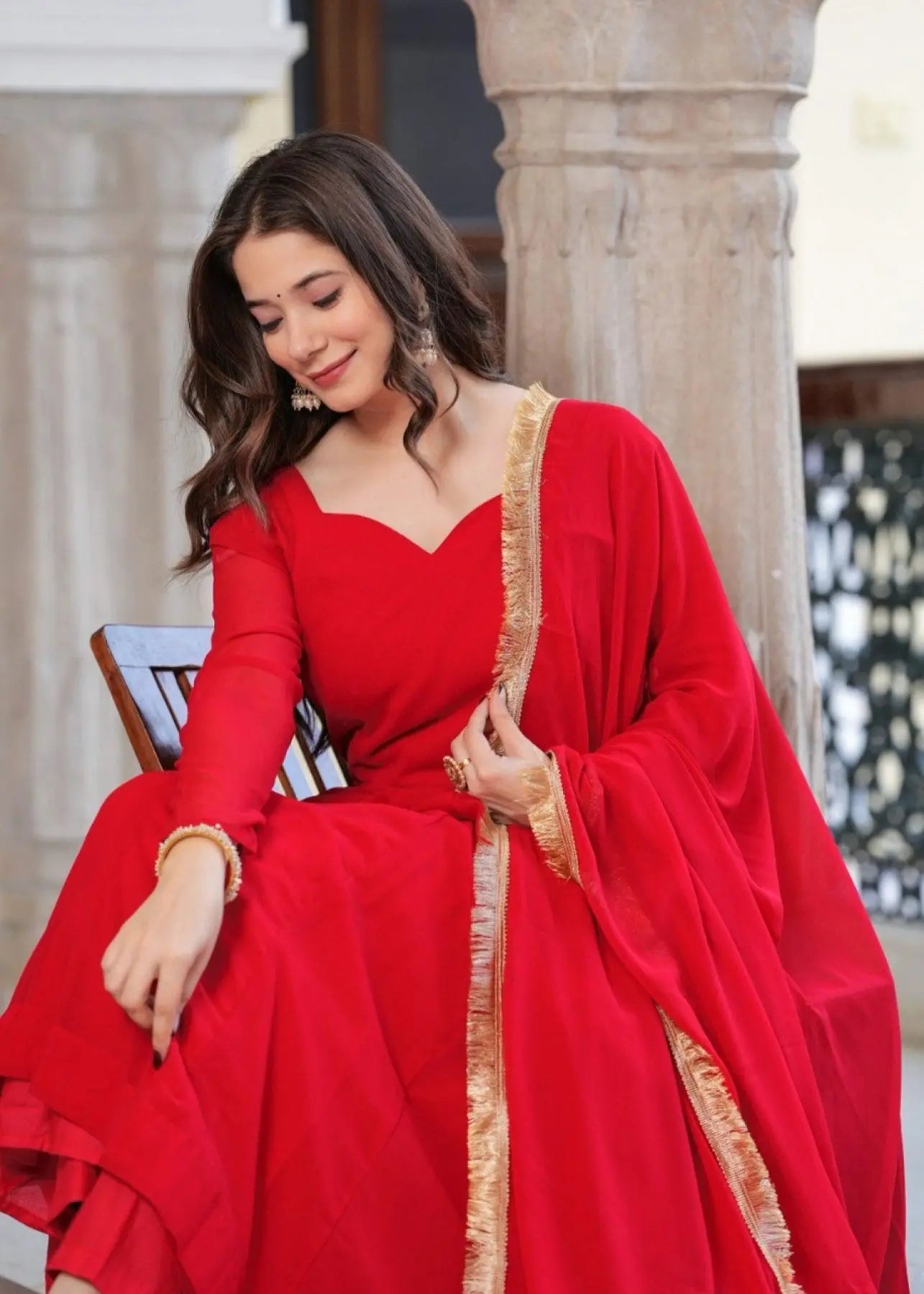 Radiant Red Georgette Anarkali Set with Lace Dupatta & Pant Ready to Wear RE