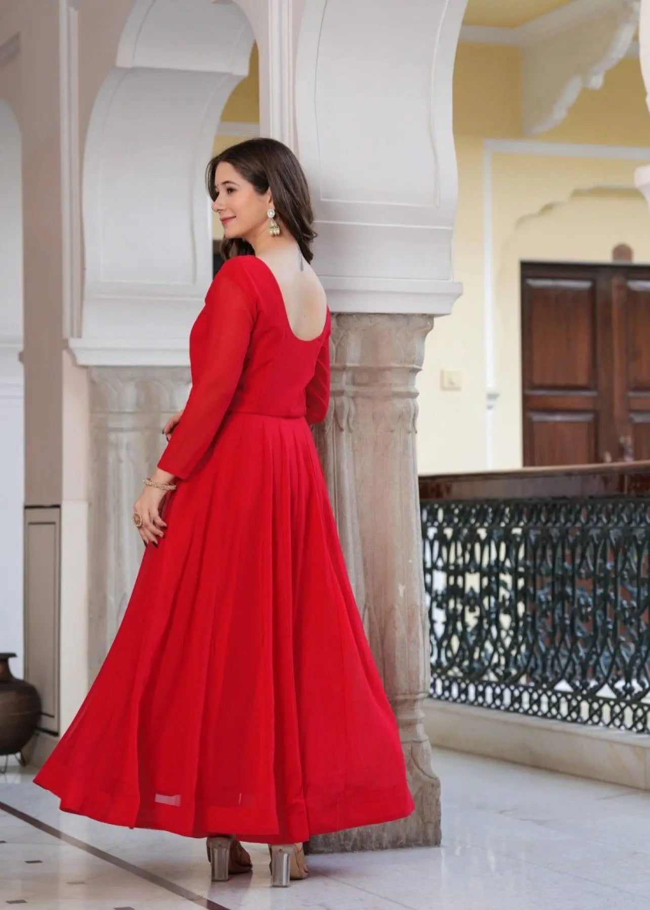 Radiant Red Georgette Anarkali Set with Lace Dupatta & Pant Ready to Wear RE
