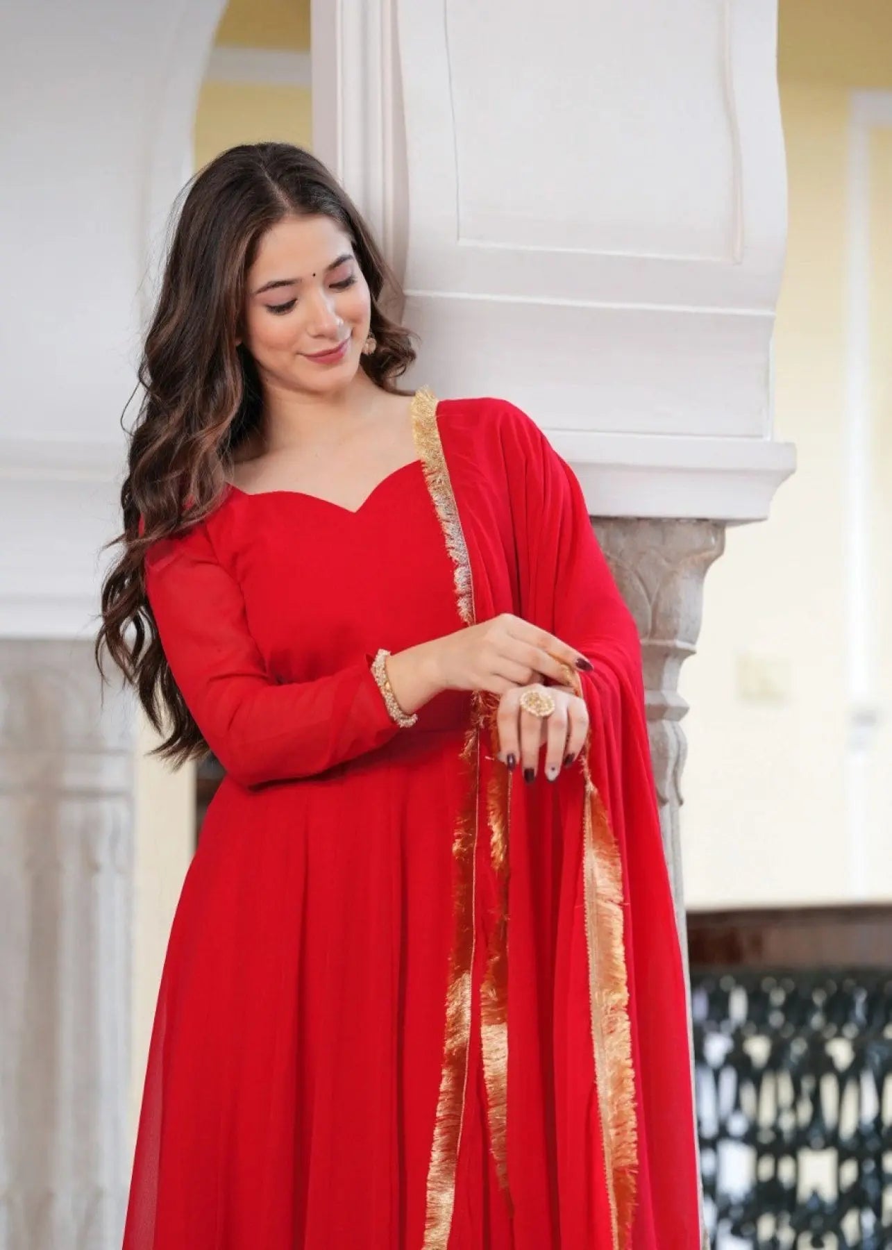 Radiant Red Georgette Anarkali Set with Lace Dupatta & Pant Ready to Wear RE