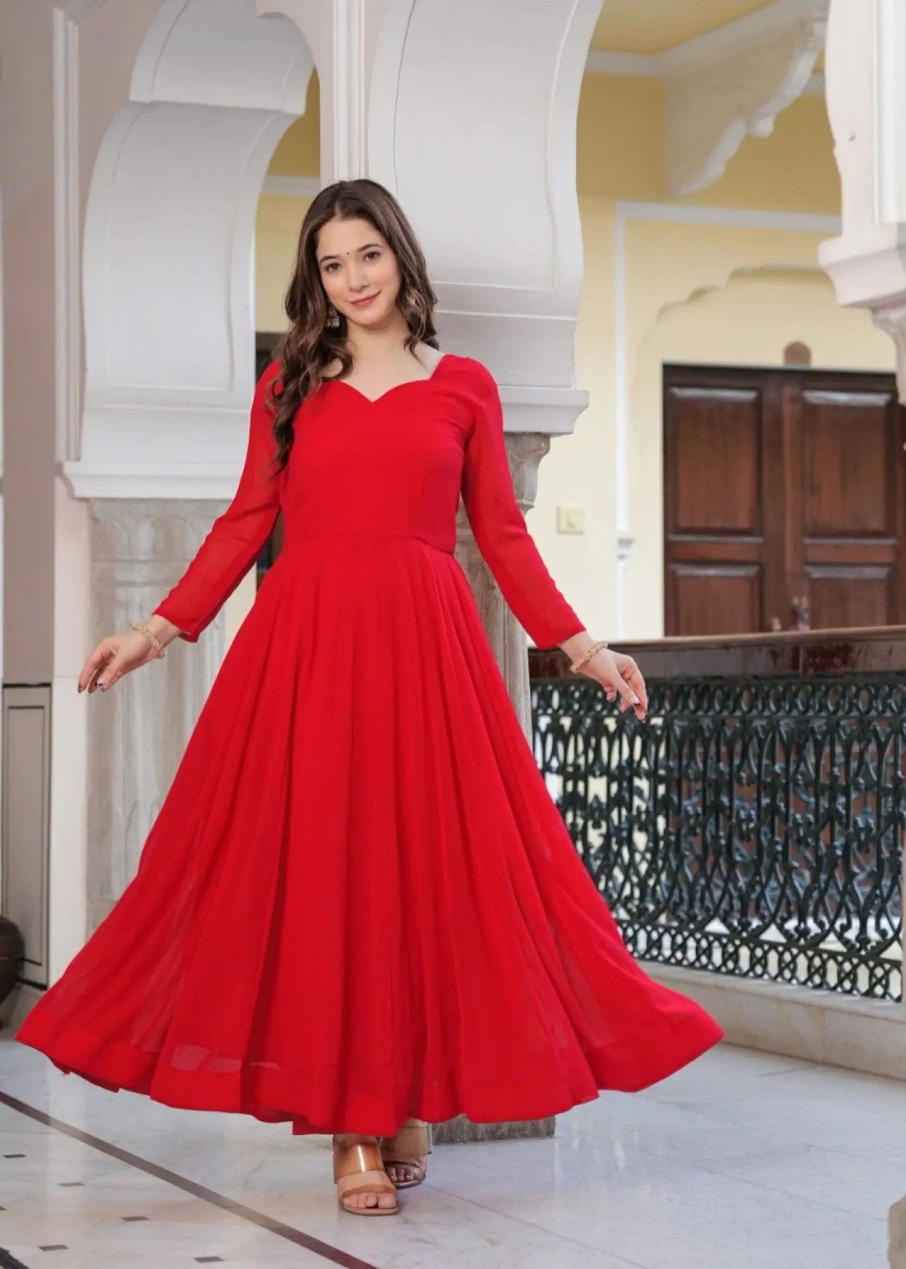 Radiant Red Georgette Anarkali Set with Lace Dupatta & Pant Ready to Wear RE