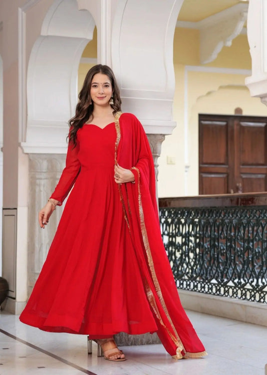 Radiant Red Georgette Anarkali Set with Lace Dupatta & Pant Ready to Wear RE