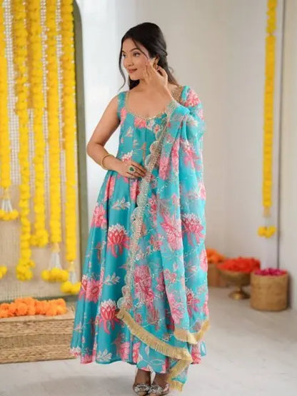 Rama Blue Anarkali Palazzo Set in Georgette with Embroidery Work Ready to Wear RE