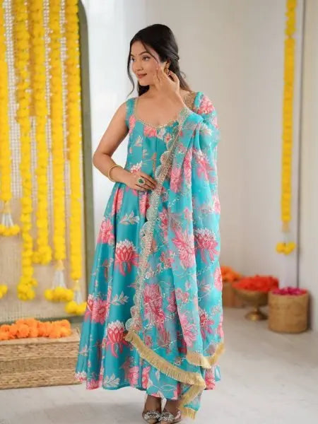 Rama Blue Anarkali Palazzo Set in Georgette with Embroidery Work Ready to Wear RE