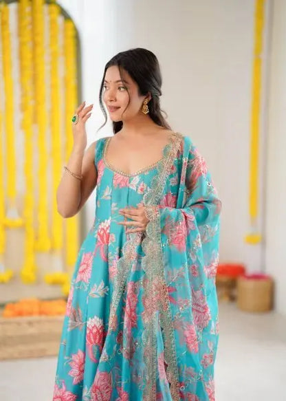 Rama Blue Anarkali Palazzo Set in Georgette with Embroidery Work Ready to Wear RE