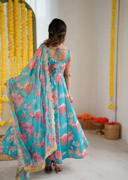 Rama Blue Anarkali Palazzo Set in Georgette with Embroidery Work Ready to Wear RE