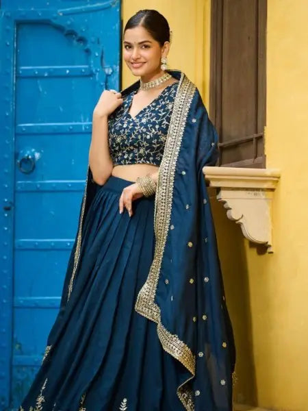 Rama Color Vichitra Silk Embroidered Lehenga Choli Ideal for Celebrations RE