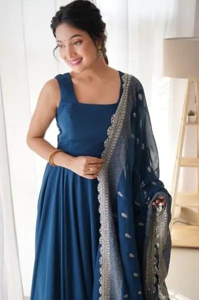 Rama Georgette Gown with Heavy Dupatta At Manufacturer Price for Weddings RE