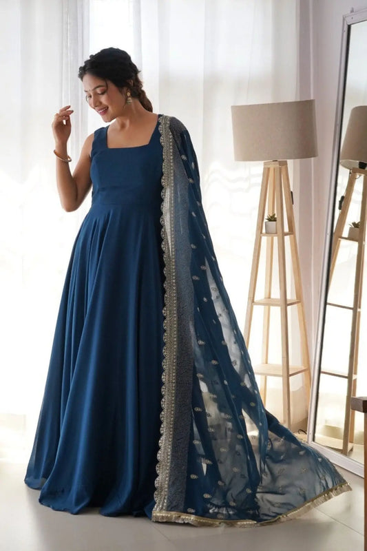 Rama Georgette Gown with Heavy Dupatta At Manufacturer Price for Weddings RE
