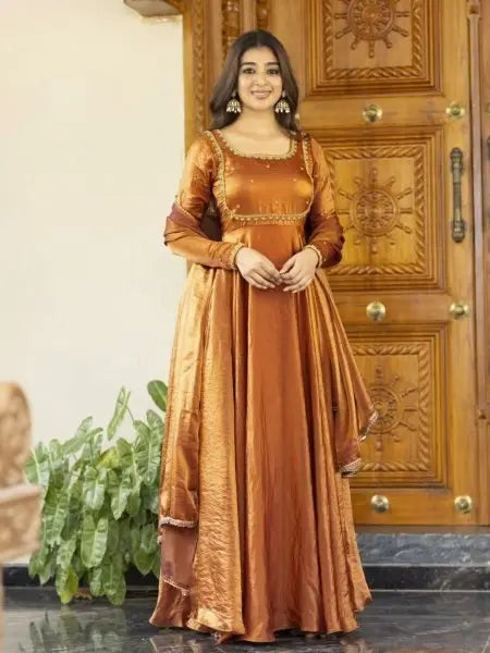 Designer Fendi Silk Anarkali with Dupatta Set Thread & Sequin Work Party Wear Anarkali Gown at Low Price Attractive Sister