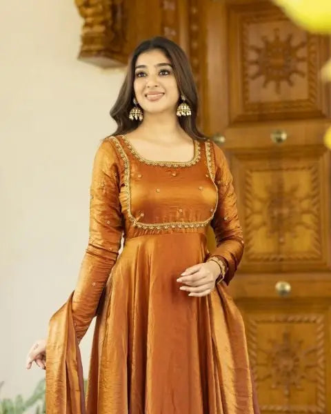 Designer Fendi Silk Anarkali with Dupatta Set Thread & Sequin Work Party Wear Anarkali Gown at Low Price Attractive Sister