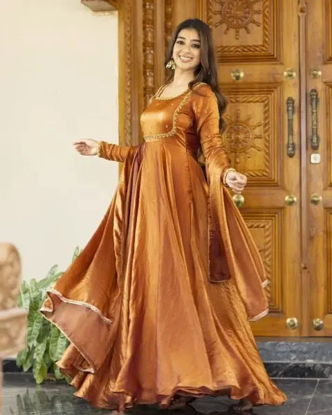 Designer Fendi Silk Anarkali with Dupatta Set Thread & Sequin Work Party Wear Anarkali Gown at Low Price Attractive Sister