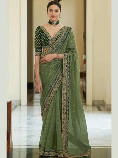 Embroidered Saree with Designer Butti Lace Border Banglory Silk Festive Wear RE