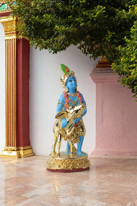 Gold Plated Krishna with Calf Statue - Blue Color, 6.5 x 2.75 Inches, Decorative Figurine